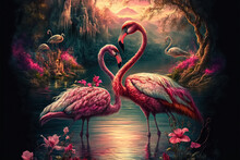 Two Flamingos Couple Standing In Lake. Fantasy Magical Fairy Tale Landscape With Elegant Birds.	