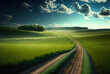 © AkuAku - a dirt road in a gorgeous, big green field during the day. Generative AI
