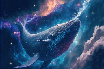  Cosmic whale swimming in space. Godlike creature, awe inspiring, dreamy digital illustration.
