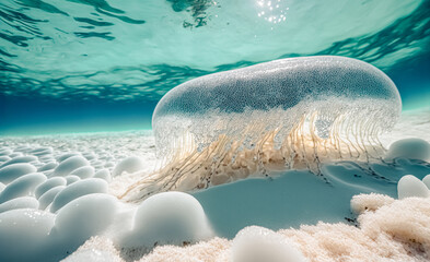 Wall Mural - Jellyfish in tropical turquoise ocean water in sunny day. Split view above and below water surface. Travel and vacation concept. travel and vacation concept	