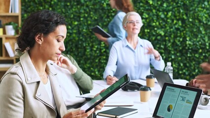 Poster - Collaboration, leadership or business women in a meeting planning a global startup project with market research. Paperwork, data analytics or business people coworking on advertising ideas or agenda