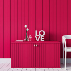 Wall Mural - Viva Magenta Red wall color flower and cabinat interior 2023 - 3D rendering