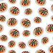 cartoon okonomiyaki, japanese food seamless pattern on colorful background