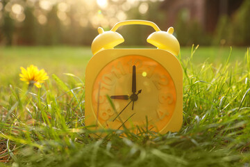 Aufkleber - Yellow alarm clock on green grass outdoors, closeup