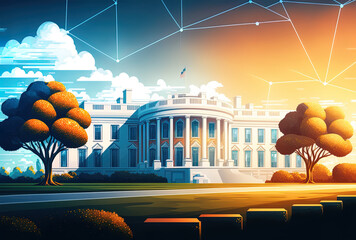 White House at a beautiful day executive branch president administration decentralized economy washington d.c. Concept hologram for blockchain cryptography and cryptocurrencies. Generative AI