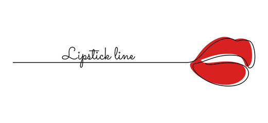 Poster - One continuous line drawing of mouth and lips. Concept symbol of makeup red lipstick in simple linear style. Mascot icon for posters, cards, banner, template, web. Doodle vector illustration