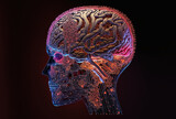Fototapeta Do akwarium - hologram of a cyborg robot head with a brain networks of neurons contemporary neural network technologies for artificial intelligence. Generative AI
