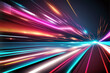 Speed motion on the neon glowing road at dark. Speed motion on the perspective road. Abstract colored light streaks acceleration. Perspective space gates. illustration.