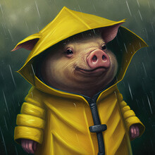 Pig In Raincoat And Rain