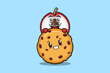 Poster - Cute Lychee cartoon character hiding in biscuits illustration in flat modern design