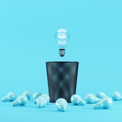 Poster - Lighting bulb floating on Bin Trash with Blue light bulbs placed on a blue background. 3D render. minimal creative idea.