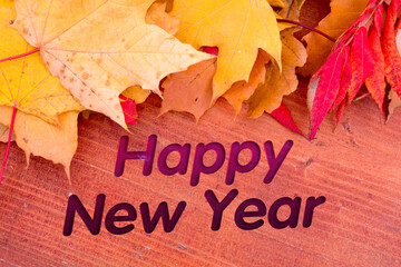Poster - Autumn leaves, objects with Happy New Year text. Natural patterns, color design.
