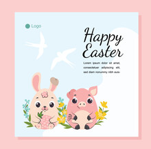 Happy Easter Poster. Rabbit And Pig With Egg. Farming And Agriculture. Flora And Fauna. Symbol Of Spring. Greeting Card. Holiday And Festival. Culture And Traditions. Cartoon Flat Vector Illustration