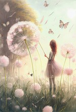 Pink Romantic Fantasy Young Woman Looks At Huge Dandelion, Otherworldly, Butterflies And Pink Flowers, Generative Ai