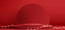 Podium Shape For Show Cosmetic Product Display For Christmas Day Or New Years. Stand Product Showcase On Red Background With Tree Christmas. Vector Design.