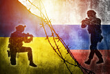 Grunge flags of Russian Federation and Ukraine divided by barb wire with soliders pointing weapon at each other sun haze illustration