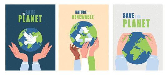Save planet set. Collection of banners and posters for website. Motivation and responsible society. Reuse and recycling, zero waste. Cartoon flat vector illustrations isolated on white background