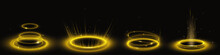 Yellow Portal Circles Set Isolated On Black Background. Realistic Vector Illustration Of Abstract Circular Magic Light Effect Glowing, Sparkling In Darkness. Christmas Miracle Fantastic Transformation