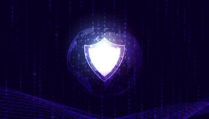 Poster - Abstract cyber security shield and digital world binary concept anti theft hack malware virus spyware on purple background beautiful futuristic