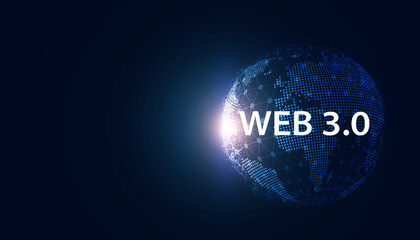 Poster - Abstract, Web 3.0 and Earth, Technology or Concept to Develop Web Links, Decentralized, Bottom-up Design, Consensus on Blue Background. Modern digital, futuristic