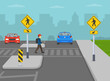 Pedestrian safety and car driving rules. Male kid crossing the street on crosswalk. Crosswalk sign with diagonal arrow. Medians and pedestrian refuge islands. Flat vector illustration template.