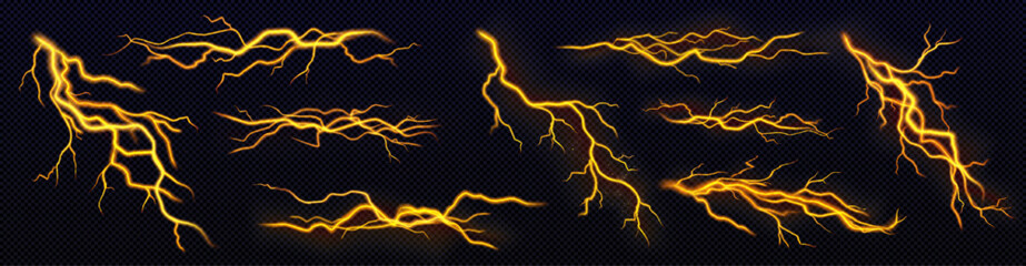 Poster - Set of yellow lightning, electric thunderbolt strike during night storm. Powerful electrical discharge, impact, crack, magical energy flash. Realistic 3d vector bolts isolated on black background