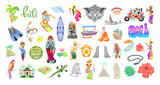 Fototapeta  - set of 42 elements of Bali, Indonesia travel, traditional Balinese symbols flat vector illustration collection