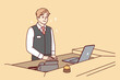 Man working as receptionist in hotel or restaurant stands behind counter with laptop and phone. Happy guy in work suit with badge is waiting for arrival of guests and clients. Flat vector image