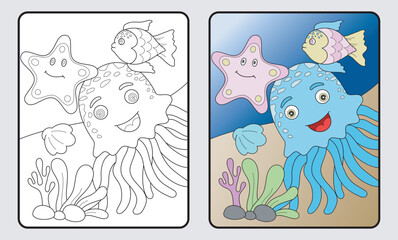 Poster - learn coloring for kids and elementary school. octopus, clams, starfish, fish.