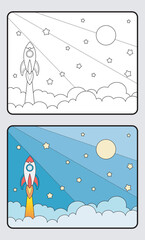 Poster - learn coloring for kids and elementary school. spaceship, rocket, moon and stars.