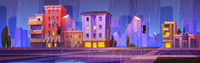 City Street Landscape With Houses, Car Road And Trees In Rain At Evening. Town With Buildings, Crossroad With Traffic Lights And Pedestrian Crosswalk At Rainy Weather, Vector Cartoon Illustration
