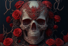 Abstract, Surreal, Creepy Skull With Red Roses.Digital Art