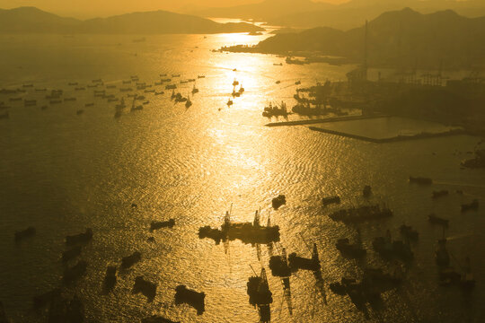 Sea port at scenic sunset in West Kowloon, Hong Kong 2 July 2012
