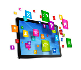 Canvas Print - Tablet PC and flying apps icons