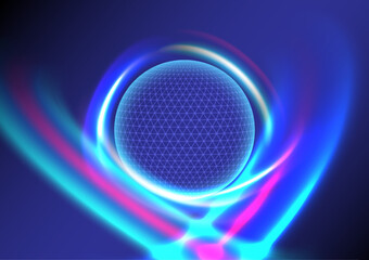 Poster - Glowing globe circle in blue hi-tech background with multi colored bright laser curved lines around it on blue gradient background.
