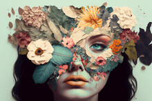 Abstract Contemporary Art Collage Portrait Of Young Woman With Flowers, Retro Colors.