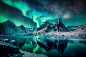 Northern lights view over icy mountains and snow, arctic lake, winter season