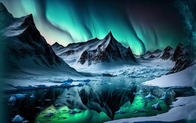 Northern lights view over icy mountains and snow, arctic lake, winter season