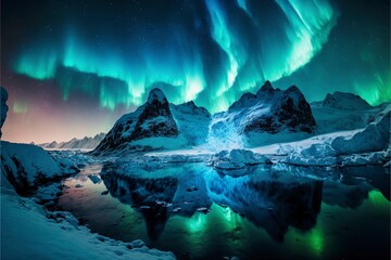 Northern lights view over icy mountains and snow, arctic lake, winter season