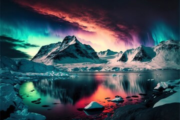 Wall Mural - Northern lights view over icy mountains and snow, arctic lake, winter season