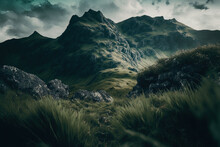 Beautiful Grassy Mountains Caught From A Low Viewpoint On An Overcast Day. Generative AI
