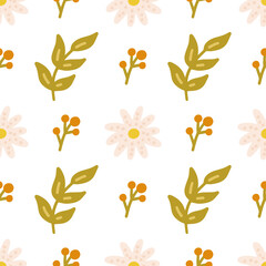 Wall Mural - Flowers and Plants Vector seamless pattern in flat style for fabric, wrapping paper, postcards, wallpaper