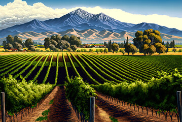Wall Mural - Sonoma County, California vineyard landscape with mountains in the background. Generative AI