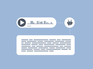Poster - Recognition of speech, convert online voice messages into text using neural networks or AI online bot. Voice messages icon and online text bubble flat design illustration