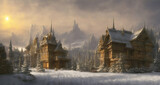 An ancient temple, in a winter landscape.
