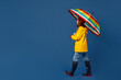 © ViDi Studio - Full body side view young woman in sweater red hat yellow waterproof raincoat hold opened colorful umbrella isolated on plain dark royal navy blue background Outdoors wet fall weather season concept