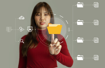 Poster - Asian woman touching document managment files and folder online grey background future technology managing and filing data.