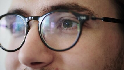 Poster - Programmer, code reflection in glasses and cyber security for update server system, typing and programming admin. IT specialist man and screen light on eyewear, cloud computing and coding on internet