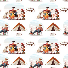 Wall Mural - seamless pattern with people sitting by campfire in the camp. transparent background
