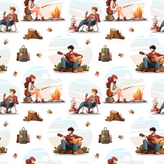 Wall Mural - seamless pattern with people sitting by campfire in the camp. transparent background